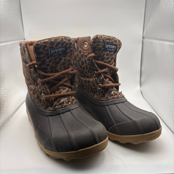 Sperry Other - Sperry Saltwater Leopard Print Duck Boots Brown Kids Girls Waterproof Shoes